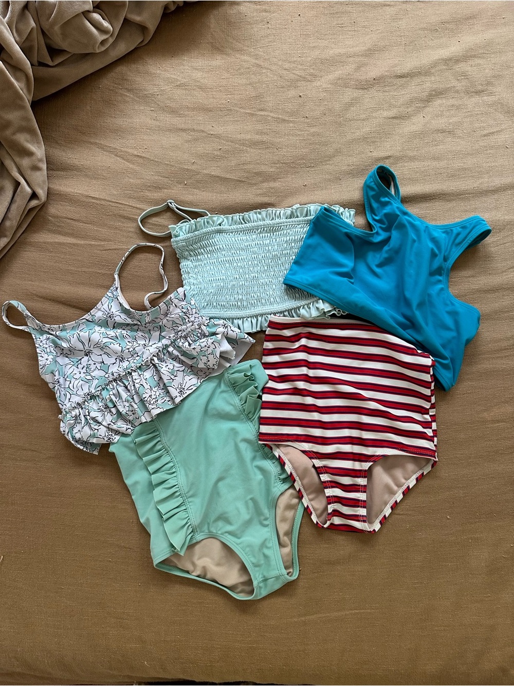 Kortni Jeane Kids high waisted Bikini Mix in Aqua, Teal, Mint & Red Stripe